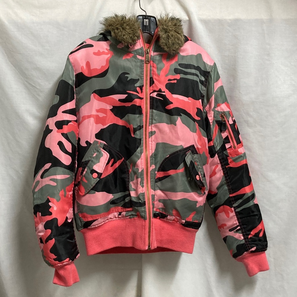 Pink Camouflage Bomber Jacket with Faux Fur Collar